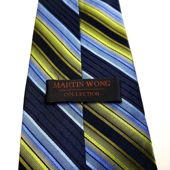Martin Wong Blue Green Striped Woven‎ Wide Silk Tie - Picture 3 of 6